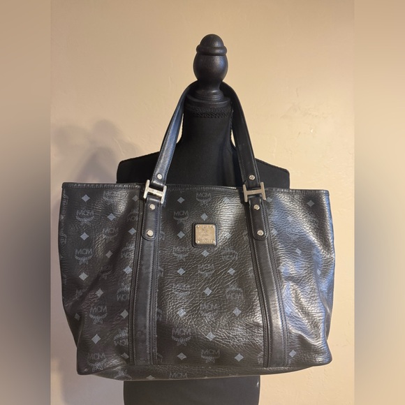 MCM Black Leather Bag with Logo Pattern